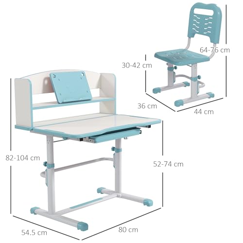 ZONEKIZ Scrivania per Bambini con Sedia, Set Banco Scuola Regolabile in Altezza con Cassetto e Piano Inclinabile, Età 6-12 Anni, Blu - Immagine 2