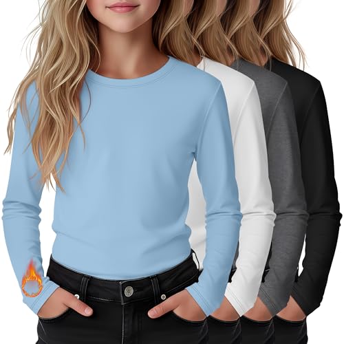 LessonZoo 4 Pack Girls Long Sleeve Shirts Kids Thermal Basic Tops Fleece Lined Crewneck Trendy Fall Layering Tees 5-14 Years(Blue, White, Dark Heather Gray, Black,9-10 Years) by LessonZoo - Used condition - US$33.25