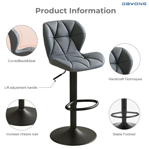 DAYONG Modern Bar Stools, Adjustable Height Counter Stools, Swivel Island Barstool with Curved Back, PU Leather Bar Chairs for Kitchen, Island, Dining Room, 300 LBS Weight Capacity (1, Grey)