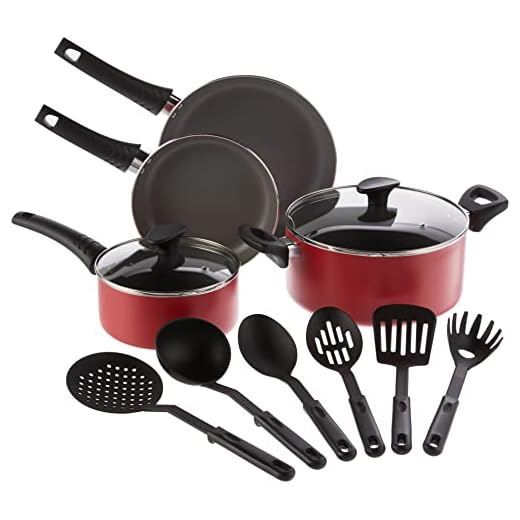 BELLA Cookware Set, 12 Piece Pots and Pans with Utensils, Nonstick Scratch Resistant Cooking Surface Compatible with All Stoves, Nylon and Aluminum, Red