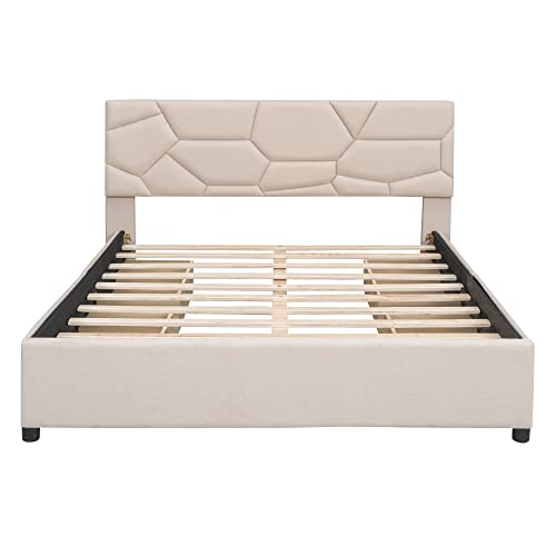 Deinppa Upholstered Queen Platform Bed With Stone-Crack Patterned Headboard And 4 Drawers,Queen Bed Frame With Storage, No Box Spring Needed, Linen Fabric-Beige #TOP5