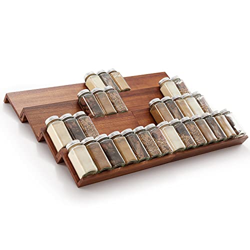Image of Tinamo Spice Drawer Organizer-Acacia Wooden Countertop Tray Spice Racks Organizer For Cabinet Storage Shelf-4 Tier Spice Rack Organizer For Drawer 64 Jars, Tiered Shelf