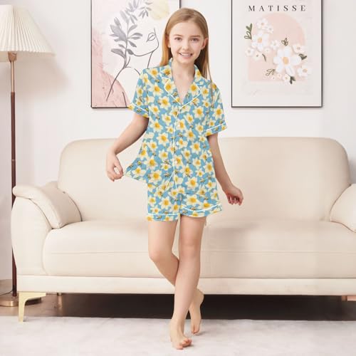 Flower Yellow Bee Pajamas Sets Short Sleeve Silk Stain Pjs Button Down Sleepwear for 5-14Y3