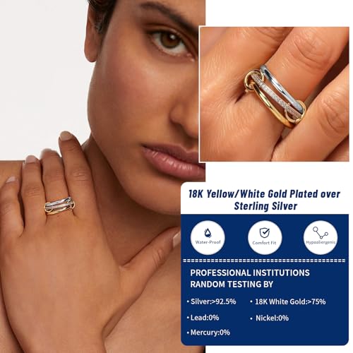 RINEY&KY 18K Gold Plated Moissanite Stackable Rings for Women, Two Tone Interlocking 3 Ring Set S925 Silver Stacking Ring Non Tarnish Dainty Everyday Statement Lab Diamond Eternity Wedding Band Certified Moissanite Gemstone Size 5-10US4
