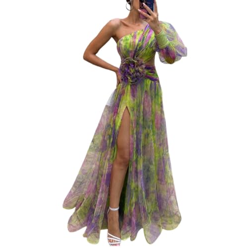 Vestido largo de verano con un hombro descubierto para mujer, elegante vestido largo de verano con abertura en capas, nudo floral, vestido de noche plisado para cóctel, playa, invitada de boda, verde