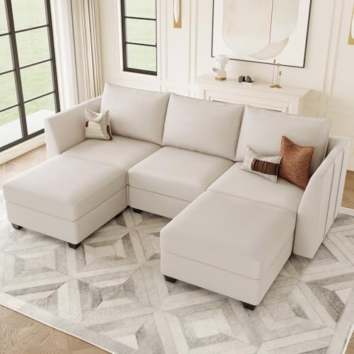 Belffin Modular Sectional Sofa with Double Chaise Velvet U Shaped Sofa Reversible Sectional Couch with Storage Beige