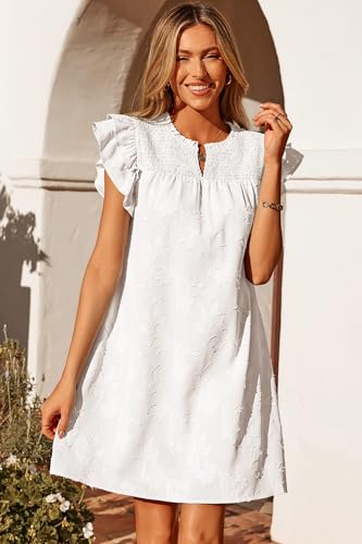 Image of Dokotoo Womens Summer Dresses 2026 Ruffle Short Sleeve Casual V Neck Smocked Floral Burnout Mini Dress Sundress