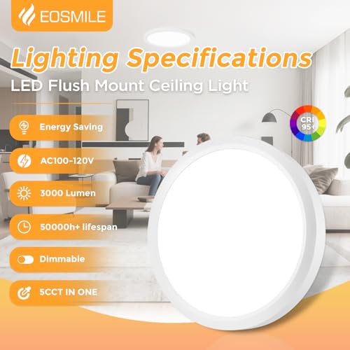EOSMILE 2Pack 12 Inch LED Flush Mount Ceiling Light, 25W, 3000LM, CRI 95+, 2700K-5000K 5CCT & Dimmable, White Round Surface Flat Panel Light for Hallway, Kitchen, Bedroom, Laundry Room by EOSMILE - Image 2
