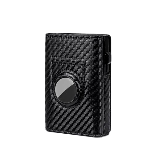 Men's RFID Blocking Smart Wallet Genuine Leather AirTag Compatible Pop-Up Card Case 9-14 Capacity with ID Window Brown (Carbon Fiber Black)