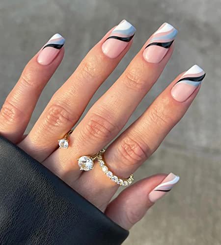 Hzacye 24 Pcs Press on Nails Short, Designed Fake Nails with Glue, Glossy Glue on Nails False Nails for Women and Girls (Nude with Colorful Line)