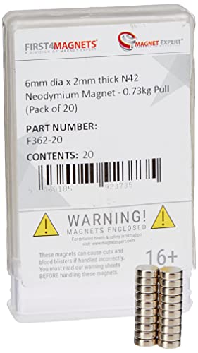 N42 Neodymium Magnet for Arts, Crafts, Model Making, DIY, Hobbies, Office, and Home - 6mm dia x 2mm thick - 0.73kg Pull - Pack of 20