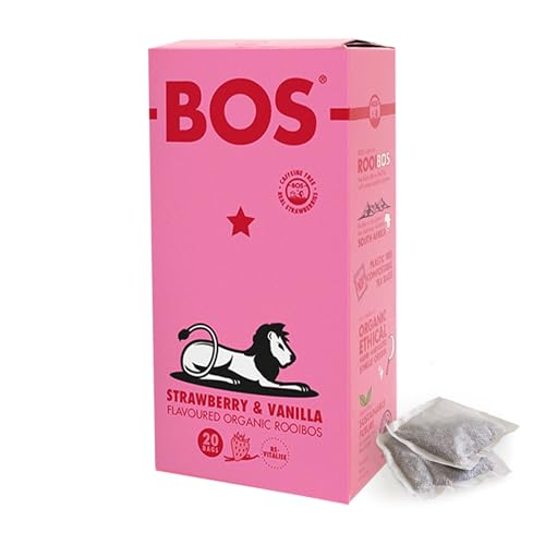 BOS Organic Strawberry & Vanilla Flavoured Caffeine Free Rooibos Tea Bags Carton, Smooth & Fruity Delight With Real Strawberries, 50 g, 20 Teabags (Pack of 1)