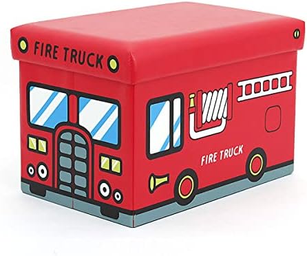 HOERGOTS Toy Chest with Lid Sturdy Toy Box for Boys Girls Fire Truck Pattern Foldable Children Storage Ottoman Bench Holds up to 660 lb, 19"x12"x12" (Red)