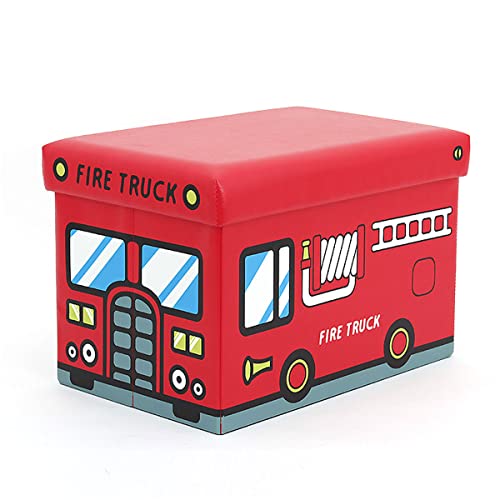 Hoergots Toy Chest With Lid Sturdy Toy Box For Boys Girls Fire Truck Pattern Foldable Children Storage Ottoman Bench Holds Up To 660 Lb, 19"X12"X12" (Red) #TOP17