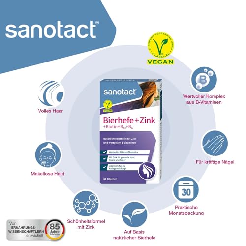 Bierhefe-Tabletten mit Zink von Sanotact 60 Tabletten für Haut, Haare und Nägel
