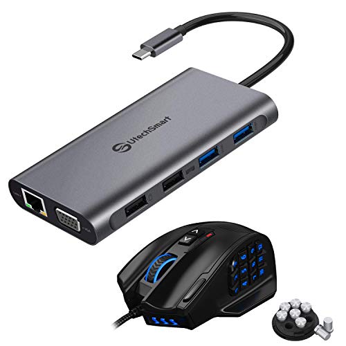 UtechSmart 11 in 1 Triple Display USB Type C Adapter Docking Station and Venus 16400 DPI Programmable MMO Gaming Mouse Bundle