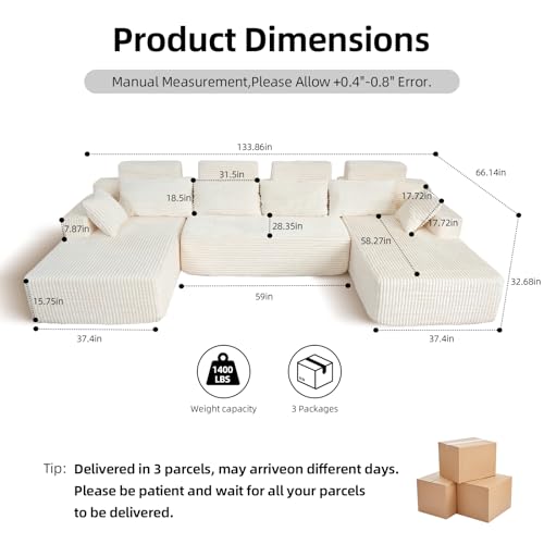 Image of 134 inch Boneless Couch for Living Room, Oversized U Shaped Modular Cloud Sofa with Deep Seat, 6 Seater Convertible Memory Foam Couches, No Assembly Plush Corduroy Sofa (Beige)