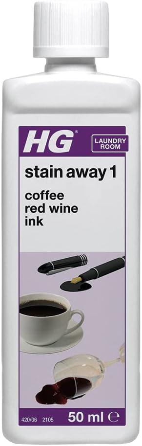 HG Stain Away 1 Fabric Stain Remover, Ink Stain Remover & Red Wine, Tea & Coffee Stain Removal Liquid, Pre Treatment Spot Stain Remover for Fruit Juice, Chocolate & Sweat Marks on Clothes - 50ml