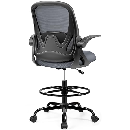 Image of Drafting Chair Tall Office Chair with Flip-up Armrests, Adjustable Height, Enhanced Lumbar Support Ergonomic Rolling Stool, Back Support, Adjustable Foot Rest Ring for Standing Desk Dark Gray