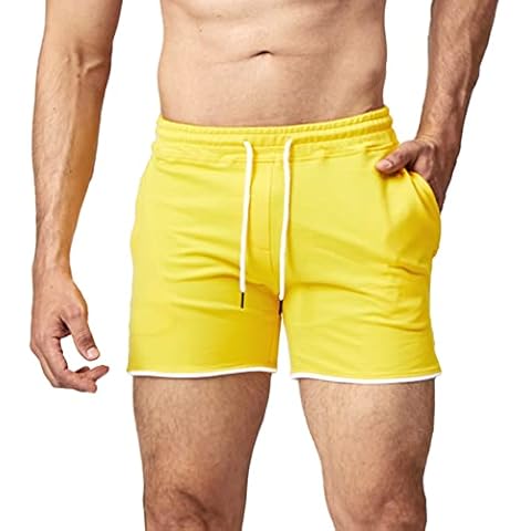 EVERWORTH Men's 5" Workout Shorts Gym Shorts Casual Lounge Sweat Shorts Jersey Cotton Bodybuilding Short with Zipper Pocket, Yellow, Small Cover
