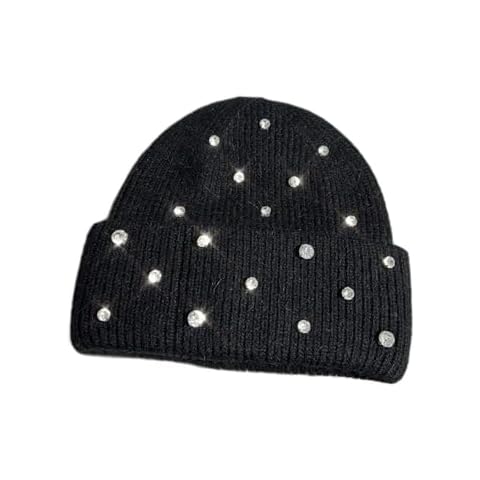 Pullover Yarn Hat Rabbit Fur Rhinestone Beads Knitted Hat Luxury Thickened Wool Skullies Cap for Women Black Cover