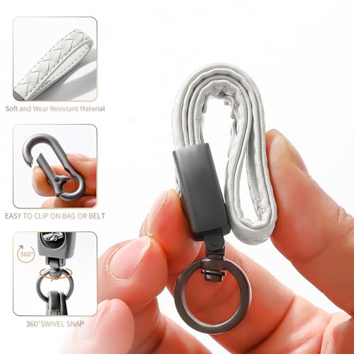 Image of Gkeygo Carabiner Keychain, Universal Heavy Duty Woven Handmade Leather Key Chain, Car Fob Key Keychains with 360 Degree Rotatable Snap Swivel and Anti-Lost D-Ring for Men and Women, Gunmetal - White
