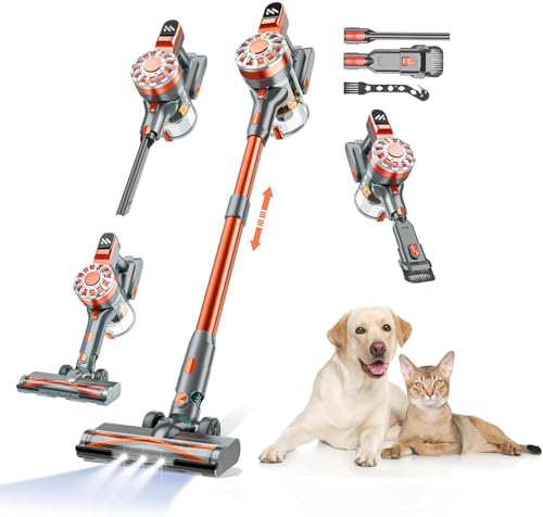 Image of WLOTPO Cordless Vacuum Cleaner for Home,Lightweight Stick Vacuum Cordless Rechargeable with Power Suction, Up to 35 Mins Runtime, Hardwood Floor Vacuum for Pet Hair,Carpets,Tile(Red Grey)