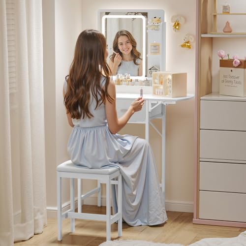 MemoCastle Small Vanity Desk for Compact Space: Mini Makeup Table Set for Bedroom - Tiny White Vanity with Mirror for Girls