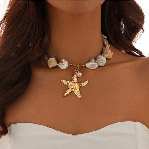 Gold Shell Starfish Necklace for Women Pearl Shell Necklace Layered Beaded Starfish Necklaces Summer Beach Surf Jewelry Gifts for Women3