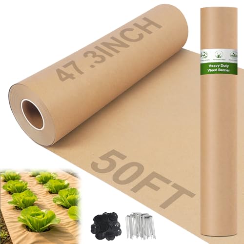 FunooFuno 50 x 4 Ft Biodegradable Paper Weed Barrier Garden Paper Weed Barrier with U-Shaped Ground Nails Biodegradable Landscape Fabric Garden Mulch Rolls for Weeds Outdoor Lawn
