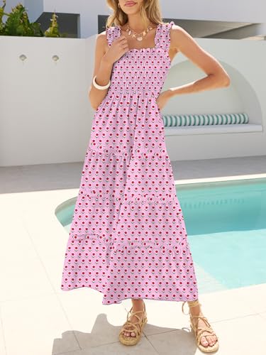 Image of Caracilia Womens Summer Maxi Dresses Floral Smocked Sleeveless Ruffle Boho Casual Flowy Aline Beach Vacation Long Sundress