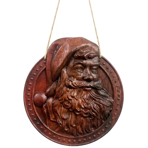 Pinyunxuan Handcrafted Decor Artisans Wood Carved Santa Claus Wall Medallion, Dark Brown, 8 Inch Round Plaque with Rope Hanger, Traditional Holiday Home Decor (nta Medallion Wall Plaque)