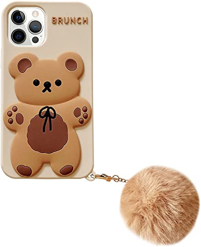 Yatchen Apply to iPhone Case Kawaii Phone Cases,Cute Cartoon Bear Phone Case with Keychain Teddy Bear Phone Case 3D Soft Silicone Shockproof Protective Case (Khaki, iPhone 15)