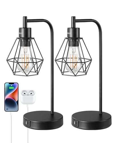 EDISHINE Bedside Lamps Set of 2, Dimmable LED Table Lamp, Diamond Cage Lampshade, USB Charging Ports, Touch Lamps for Living Room, Bedroom, E27 Socket, Bulb Included, Black