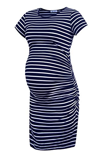 Smallshow Vestido de Maternidad de Manga Corta para Mujeres Ropa Fruncida para Embarazadas,Navy Stripe,M