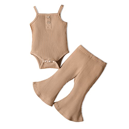Image of Infant Baby Girl Clothes Sleeveless Romper Bodysuit Tops & Flared Bell Bottom Pants Solid Color Newborn Summer Outfits Sets