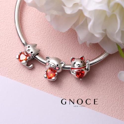 Image of GNOCE Embraces Heart Gemstone Bead Charms 925 Sterling Silver Rabbit Horse Triceratops Snake Monkey Cat Platypus Sloth Bear Pig Yak Ghost Matryoshka Doll Jewelry Gift for Women