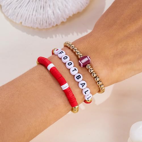 Game Day Bracelets Set for Women Men Football Bracelets Stack Beaded Stretch Red Black Blue Clay Beaded Stretch Bracelets Stackable Sports Charm Bracelet Jewelry Accessories (Football) — view 4
