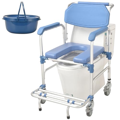 Miuxe Chaise de Douche roulante avec roulettes et Seau Amovible, Toilettes de Chevet Multifonctions 3 en 1 en Aluminium pour Personnes âgées, Chaise de Transport, Chaise de Bain roulante