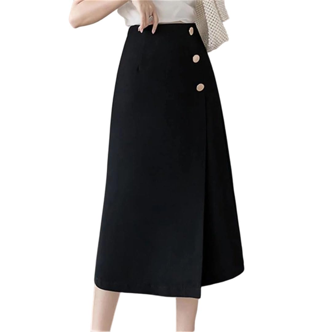 Women Office A Line Skirt High Waist Button Solid Casual Skirt