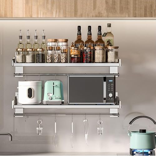 Estante de acero inoxidable para microondas con 6 ganchos y diseño plegable de pared 8