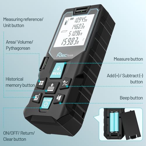 Foto von ±2mm Genauigkeit Lasermessung，50m digitales Laser-Entfernungsmesser mit LCD M/in/Ft, mit Mehreren Messmodi wie Pythagoras-/Entfernungs-/Flächen-/Volumenmessung
