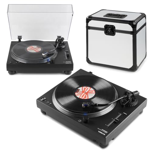 Image of 2x Vonyx DT3000 Belt-Driven Vinyl DJ Turntables with LP82 Record Case, Audio-Technica Cartridge, USB Output, Phono Preamp, Pitch Control for DJ and Home Hi-Fi Listening