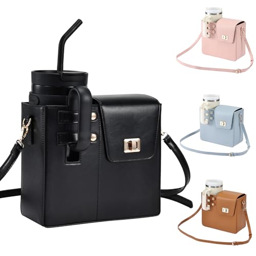 Outdoor Portable Crossbody Water Cup Storage Bag Crossbody Case with Sports Water Bottle Holder for Women Tumbler Purse with Water Bottle Pocket Compatible with Most Water Bottles Carrier Bag Black