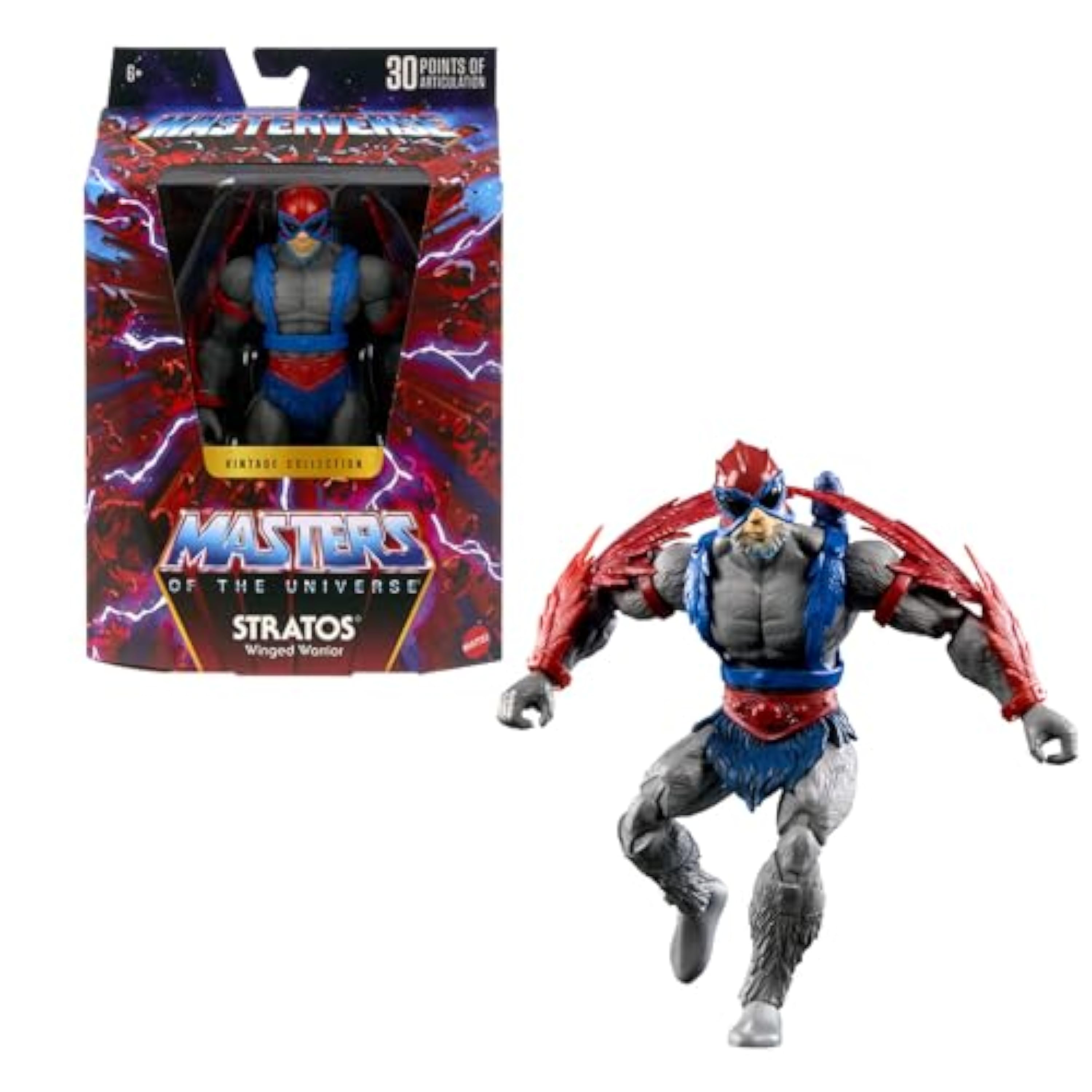 Masters of the Universe Masterverse Colección Retro Stratos Figura de acción de 17,78cm con 30 Puntos de articulación, líder heroico de los Hombres alados con Accesorios, JBP96