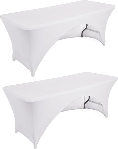 Paquete de 2 manteles rectangulares de elastano blanco de 4 pies, elásticos, lavables, para fiestas, bodas, cócteles, banquetes, festivales