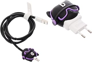 مجموعة واقي كابل وشاحن سيليكون ثلاثي الأبعاد 4 في 1 بتصميم شخصية كرتونية من جي باور، غطاء واقي مرن مضاد للتشابك ومتوافق مع جميع الشواحن - 4 قطع - أسود وأرجواني