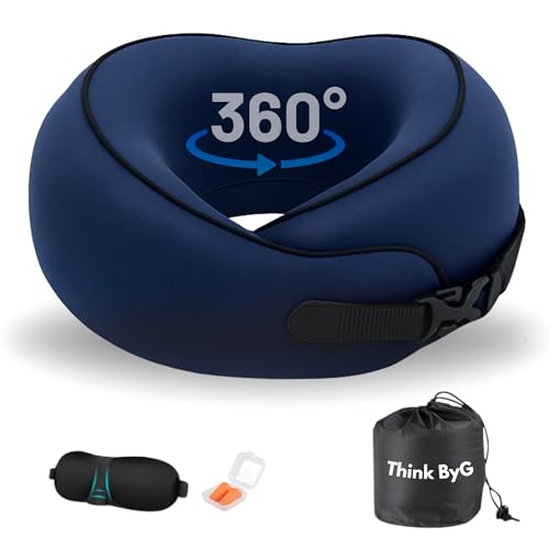 think byg® – Almohada de Viaje viscoelástica 360° Talla Grande – Cojín Cervical con Hebilla Ajustable – Funda Lavable y Transpirable – Incluye Antifaz y Tapones para Descansar en avión, Coche y Tren