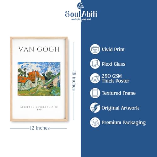 Image of SoulAbiti Street in Auvers-sur-Oise - 1890 & The Starry Night 1889 Framed Wall Art Print Set of 2 12x18 inch Light Brown Frame Plexi-Glass Famous Paintings Home Living Room Bedroom Office Decor