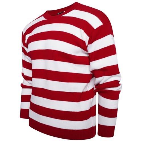 VEARZ Unisex Adults Red & White Striped Knitted Jumper - Halloween Christmas Party Fancy Dress Sweater Top Plus Size L - Image 3